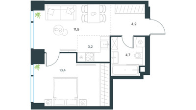 Планировка двухкомнатной(квартира) площадью 37 квадратных метров в ЖК “ЖК Level Мичуринский”