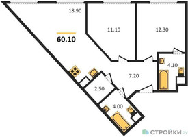 Планировка двухкомнатной(квартира) площадью 60.1 квадратных метров в “ЖК Voxhall (Воксхолл)”