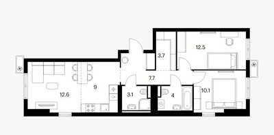 Планировка двухкомнатной(квартира) площадью 62.7 квадратных метров в ЖК “ЖК Восточное Бутово”