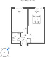 Планировка однокомнатной(апартаменты) площадью 40.89 квадратных метров в “ЖК Волковская 67”