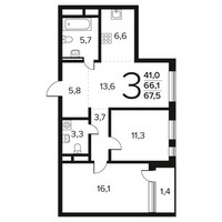 Планировка трехкомнатной(квартира) площадью 67.5 квадратных метров в “Новые Ватутинки. Заречный”