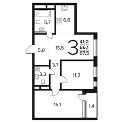 Планировка трехкомнатной(квартира) площадью 67.5 квадратных метров в ЖК “Новые Ватутинки. Заречный”