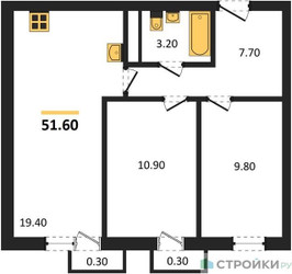 Планировка двухкомнатной(квартира) площадью 51.6 квадратных метров в ЖК “ЖК Южная Долина”