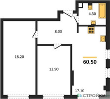 Планировка двухкомнатной(квартира) площадью 60.5 квадратных метров в “ЖК Sokolinn Park (Соколинн Парк)”