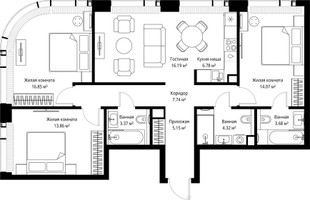 Планировка трехкомнатной(квартира) площадью 92.01 квадратных метров в “ЖК Веер”