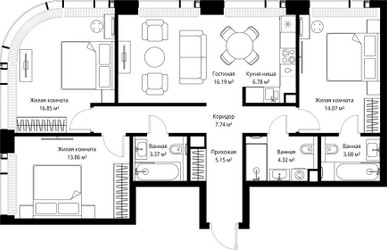 Планировка трехкомнатной(квартира) площадью 92.01 квадратных метров в ЖК “ЖК Веер”
