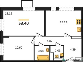 Планировка двухкомнатной(квартира) площадью 53.4 квадратных метров в “ЖК Горки Парк”