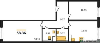 Планировка двухкомнатной(квартира) площадью 58.36 квадратных метров в “ЖК Молжаниново”