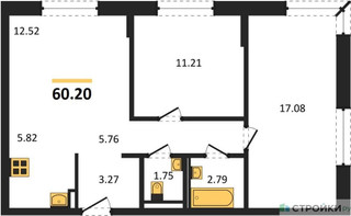 Планировка двухкомнатной(квартира) площадью 60.2 квадратных метров в “ЖК Квартал Марьино”