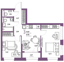Планировка трехкомнатной(квартира) площадью 53.81 квадратных метров в “ЖК Страна.Парковая”