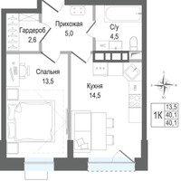 Планировка однокомнатной(квартира) площадью 40.1 квадратных метров в “ЖК КИНОКВАРТАЛ”
