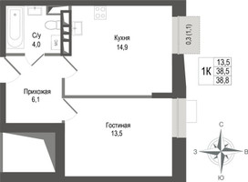 Планировка однокомнатной(квартира) площадью 38.5 квадратных метров в “ЖК КИНОКВАРТАЛ”