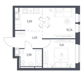 Планировка однокомнатной(квартира) площадью 34.47 квадратных метров в ЖК “ЖК Большое Путилково”