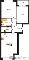 Планировка двухкомнатной(квартира) площадью 72.5 квадратных метров в “Квартал Филатов луг”