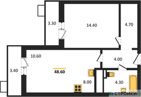 Планировка однокомнатной(квартира) площадью 48.6 квадратных метров в “ЖК Пироговская Ривьера”