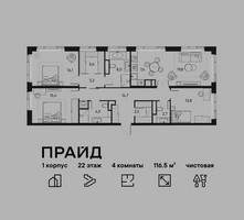Планировка 4+ комнатной(квартира) площадью 116.5 квадратных метров в “ЖК PRIDE (Прайд)”