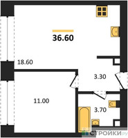Планировка однокомнатной(квартира) площадью 36.6 квадратных метров в “ЖК Архитектурный проект RAKURS (Ракурс)”