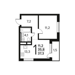Планировка однокомнатной(квартира) площадью 37.3 квадратных метров в ЖК “Новые Ватутинки. Заречный”