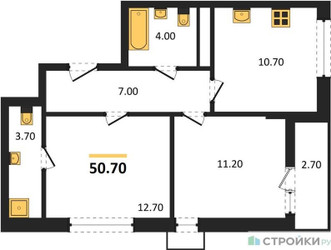 Планировка двухкомнатной(квартира) площадью 50.7 квадратных метров в ЖК “ЖК Прокшино”
