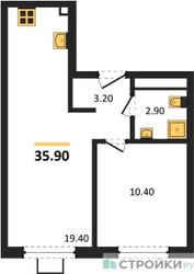 Планировка однокомнатной(квартира) площадью 35.9 квадратных метров в ЖК “ЖК Лучи-2”