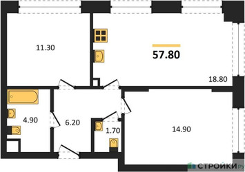 Планировка двухкомнатной(квартира) площадью 57.8 квадратных метров в ЖК “ЖК Wave (Вейв)”