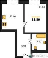 Планировка однокомнатной(квартира) площадью 33.5 квадратных метров в “ЖК Детали”