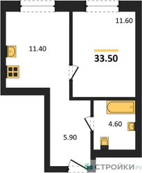Планировка однокомнатной(квартира) площадью 33.5 квадратных метров в ЖК “ЖК Детали”