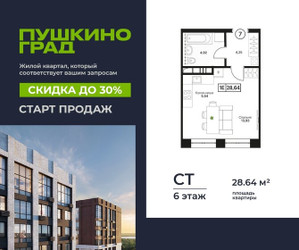 Планировка студии(квартира) площадью 28.64 квадратных метров в ЖК “ЖК Пушкино Град”
