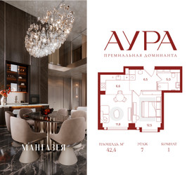 Планировка однокомнатной(квартира) площадью 42.4 квадратных метров в ЖК “ЖК АУРА”
