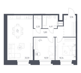 Планировка двухкомнатной(апартаменты) площадью 64.85 квадратных метров в ЖК “ЖК Апарт-отель Тропарево парк”