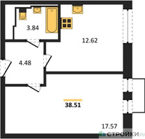 Планировка однокомнатной(квартира) площадью 38.51 квадратных метров в “ЖК Рублевский Квартал”