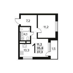 Планировка однокомнатной(квартира) площадью 37.3 квадратных метров в ЖК “Новые Ватутинки. Заречный”