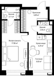 Планировка однокомнатной(квартира) площадью 43.34 квадратных метров в ЖК “ЖК Веер”