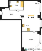 Планировка однокомнатной(квартира) площадью 51.6 квадратных метров в “ЖК АУРА”