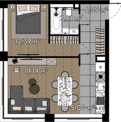 Планировка однокомнатной(квартира) площадью 46.8 квадратных метров в ЖК “ЖК Квартал Серебряный бор”