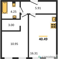 Планировка однокомнатной(апартаменты) площадью 40.49 квадратных метров в “ЖК Инсайдер”