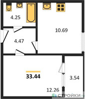 Планировка однокомнатной(квартира) площадью 33.44 квадратных метров в “Жилые кварталы Новое Пушкино”