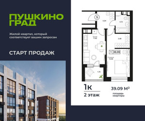 Планировка однокомнатной(квартира) площадью 39.09 квадратных метров в ЖК “ЖК Пушкино Град”