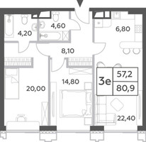 Планировка трехкомнатной(квартира) площадью 80.9 квадратных метров в “ЖК Will Towers (Вилл Тауэрс)”