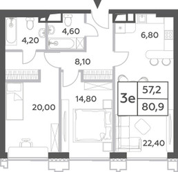 Планировка трехкомнатной(квартира) площадью 80.9 квадратных метров в ЖК “ЖК Will Towers (Вилл Тауэрс)”