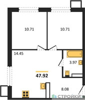 Планировка двухкомнатной(квартира) площадью 47.92 квадратных метров в “ЖК Квартал Румянцево (МелиСад)”