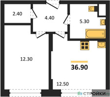Планировка однокомнатной(квартира) площадью 36.9 квадратных метров в “ЖК Переделкино Ближнее”