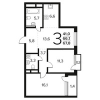 Планировка трехкомнатной(квартира) площадью 67.8 квадратных метров в “Новые Ватутинки. Заречный”
