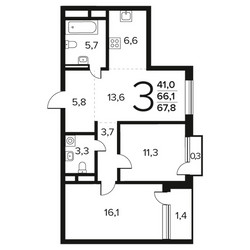 Планировка трехкомнатной(квартира) площадью 67.8 квадратных метров в ЖК “Новые Ватутинки. Заречный”