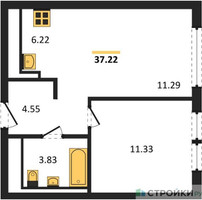 Планировка однокомнатной(квартира) площадью 37.22 квадратных метров в “ЖК Остафьево”