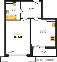 Планировка однокомнатной(квартира) площадью 36.6 квадратных метров в “ЖК Родные кварталы”