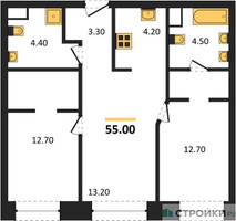 Планировка двухкомнатной(квартира) площадью 55 квадратных метров в “ЖК Voice Towers (Войс Тауэрс)”