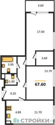 Планировка двухкомнатной(квартира) площадью 67.6 квадратных метров в ЖК “Жилой квартал Новое Медведково”