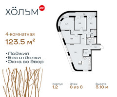 Планировка 4+ комнатной(квартира) площадью 123.5 квадратных метров в “ЖК Хольм”