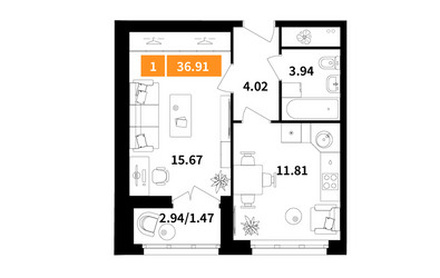 Планировка однокомнатной(квартира) площадью 36.91 квадратных метров в ЖК “ЖК Планерный Квартал”